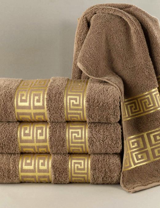 Taupe towels with gold Greek-key border